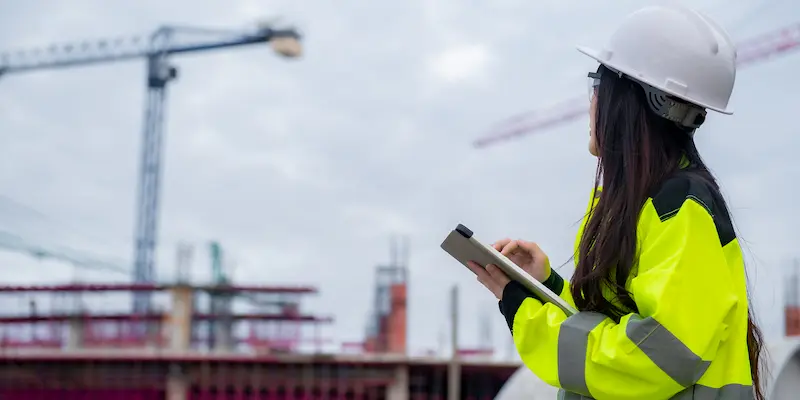 Female & male construction worker looking at construction site